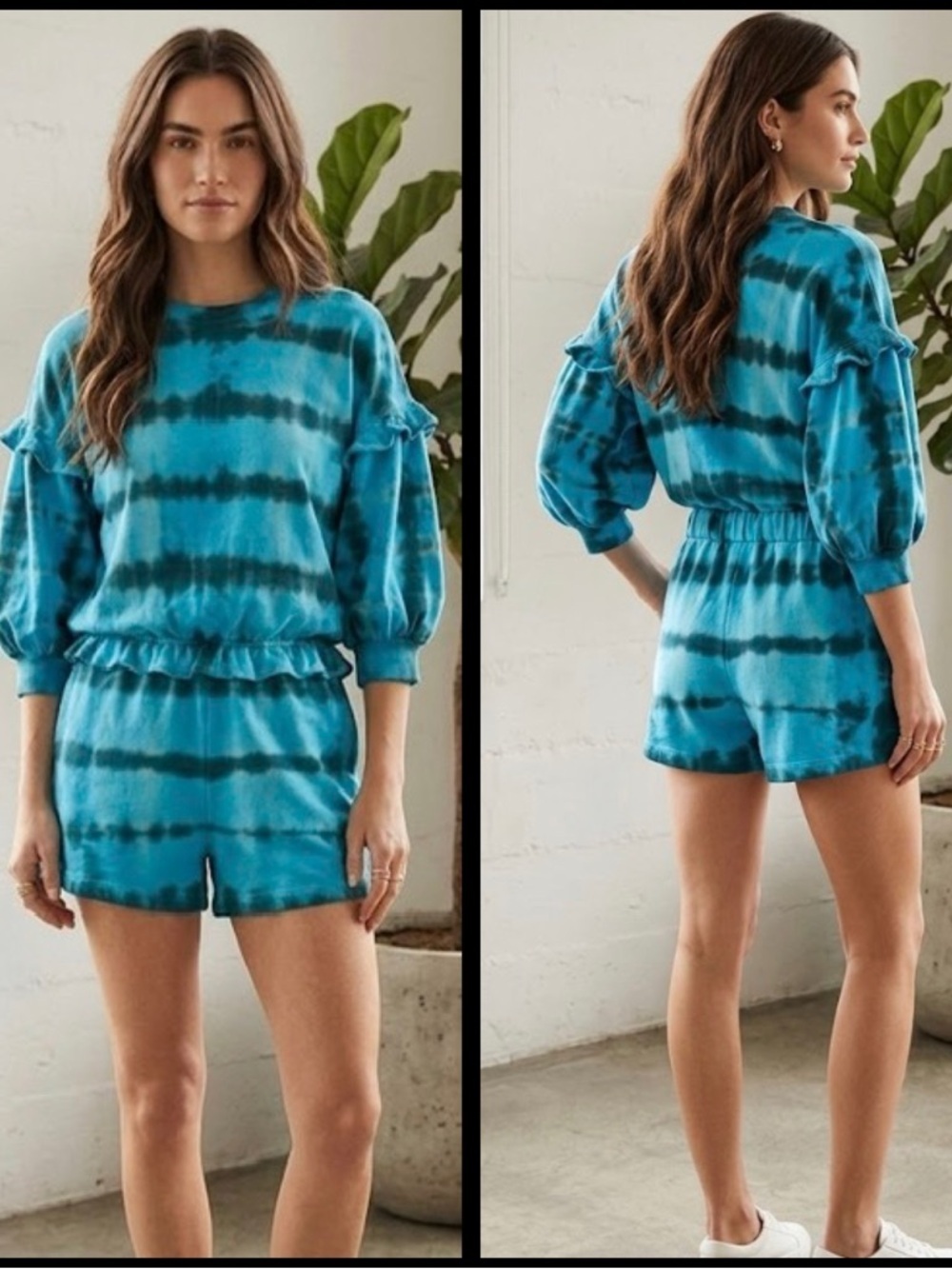 Something Navy Teal Tie-Dye Button-Up French Terry Ruffle Trim Y2K Romper XS